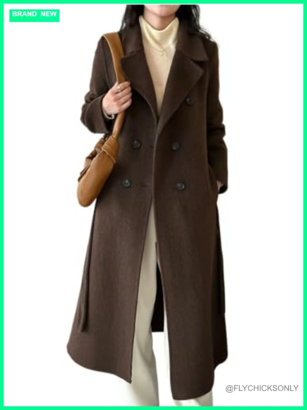 Wool Blend Double Breasted Pea Coat Belted Loose Trench Coat